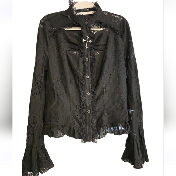 Dark In Love Black Lace Victorian/Gothic Blouse With Cross Size XXL in EUC - Picture 5 of 11